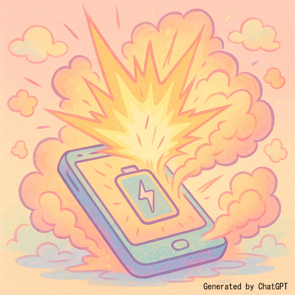 不適切な取扱いにより爆発炎上するスマホ(Generated by ChatGPT)